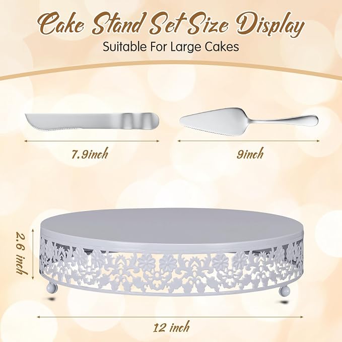 Wenqik 12 Inch White Cake Stand Set Metal Round Cupcake Dessert Stand with Cake Cutting, Flower Spatula Wedding Cupcake Pastry Display Candy Holder Display for Wedding Party Birthday Baby Shower