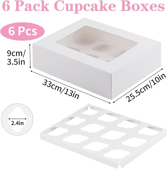 Cupcake Box, Disposable Cupcake Container Bulk, Auto-pop up, 6 Pcs, White | Cupcake Holder Holding 12 Count Cupcakes, Cupcake Carrier with Window, Easy To Assemble, Transport and Store Cupcake, Sturdy