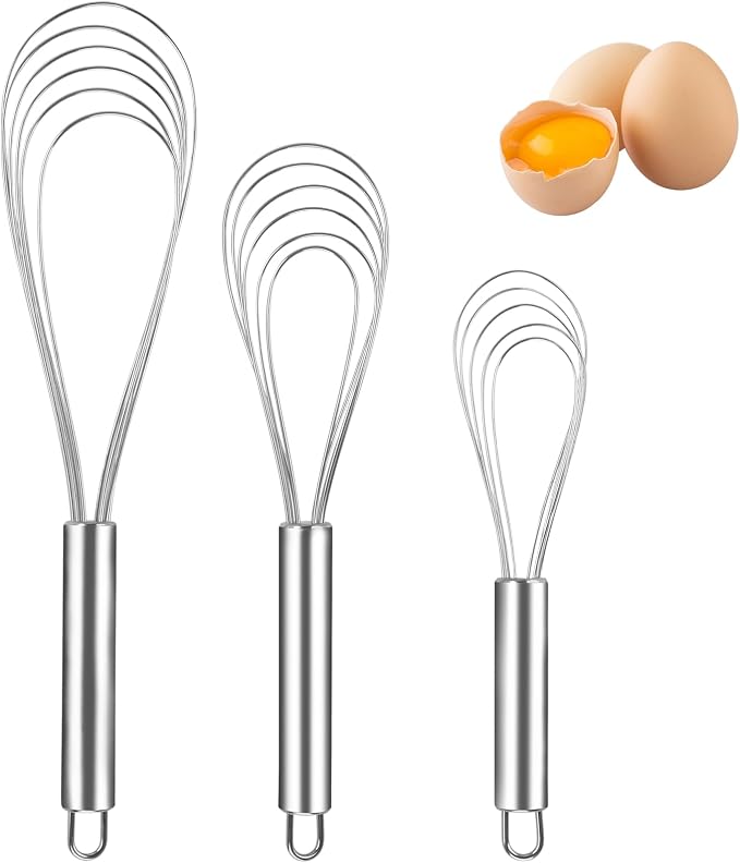 Flat Whisk Stainless Steel Flat Whisk for Cooking Kitchen Flat Wire Whisk Set Egg Mixing Whisks for Cooking, Blending, Whisking, Beating and Stirring, (3Pack, 8 Inch, 10 Inch, 12 Inch)