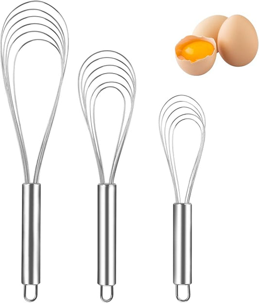 Flat Whisk Stainless Steel Flat Whisk for Cooking Kitchen Flat Wire Whisk Set Egg Mixing Whisks for Cooking, Blending, Whisking, Beating and Stirring, (3Pack, 8 Inch, 10 Inch, 12 Inch)