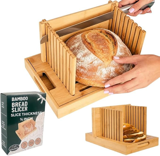 Bread Slicer for Sourdough Rounds & Homemade Bread - Round, Loaf & Baguette. Bamboo Bread Cutting Guide W/Crumb Tray - Foldable - Knife Not Included. Recommended: Serrated Knife Blade 10-12 Inches