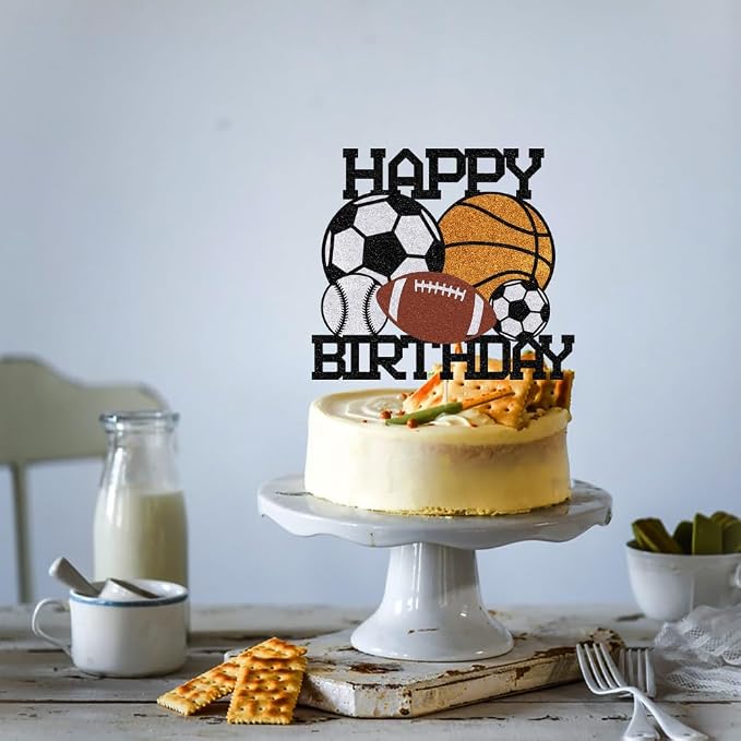 Sports Happy Birthday Cake Topper， | Boys and Girls Sport Theme Party Decoration，Football basketball Rugby baseball Cake Decorations Birthday Decor for Sport
