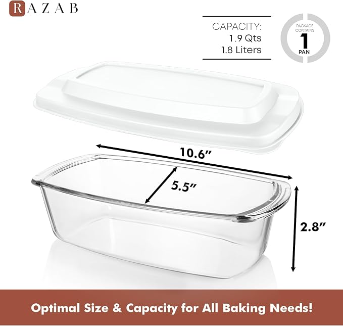 Razab LARGE 7.6 Cups/1800 ML/1.9 Qt Glass Loaf Pan with Lids - Meatloaf Pan BPA free Airtight Lids Grip Handle Easy Carry, Microwave and Oven Safe - Loaf Pans For Baking Bread, Cakes, Glass Loaf Pan