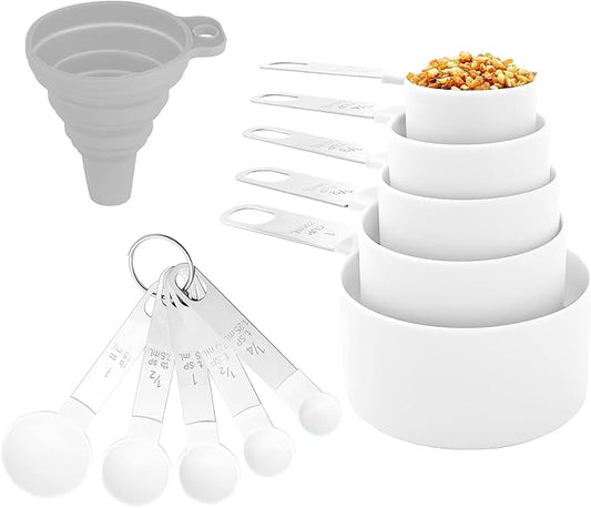 Measuring Cups and Spoons Set of Huygens Kitchen Gadgets 10 Pieces, Stackable Stainless Steel Handle Measuring Cups for Measuring Dry and Liquid Ingredient (White)