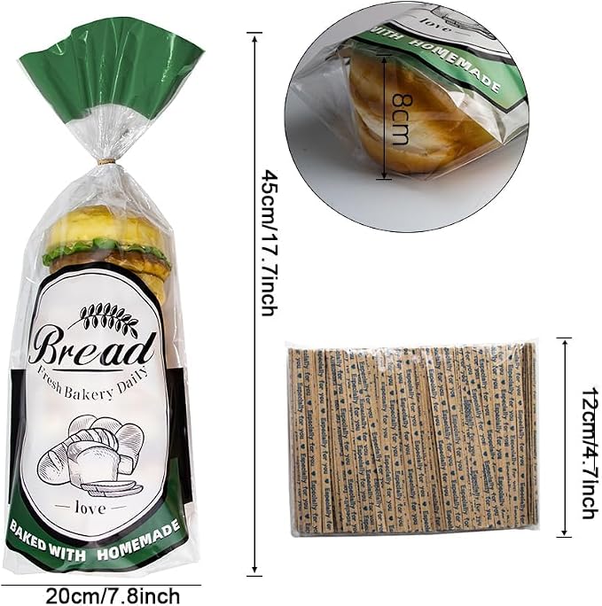 Plastic Bread Bags with Twist Ties, 100 Packs Clear Bread Bags for Homemade Mini Loaf/Donut/Muffin/Bagel - 8 * 18 * 3 inch (Green)