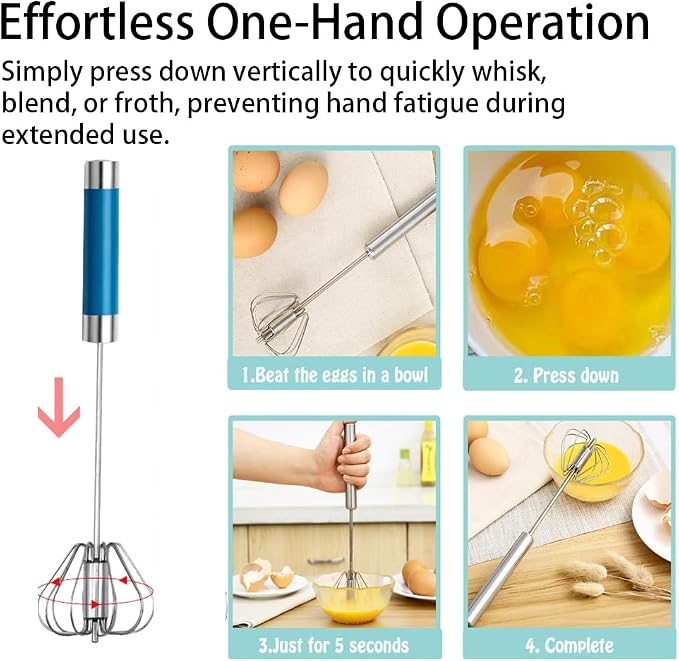 Stainless Steel Semi-Automatic Egg Whisk Set, 2PCS Hand Push Rotary Manual Mixer for Cooking, Whisking, Beating and Stirring (10&12 Inch)