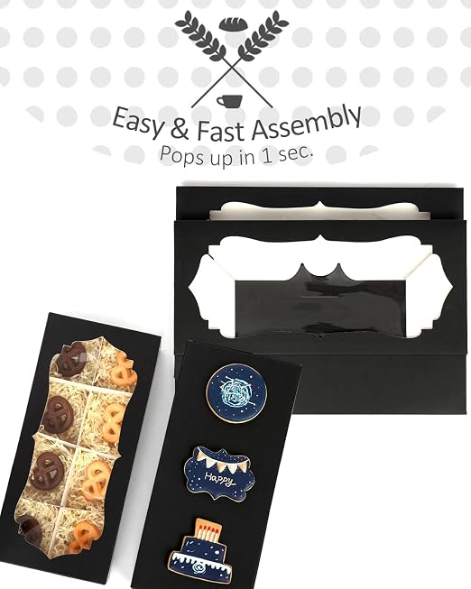 qiqee Black Cookie Box with Window 12x5.5x2.5 inch 24Pcs Two Uses Donut Bakery Box for Packaging(24pcs Bakery Boxes+12 Sets Cookie Dividers+25pcs Sliver Stickers)