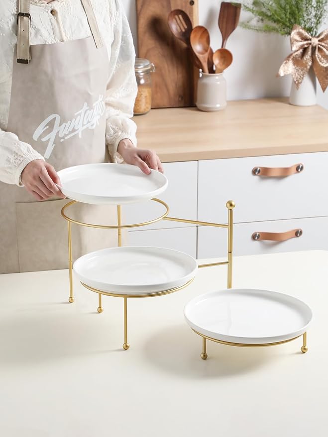 Kanwone 3 Tiered Serving Stand with White Porcelain Plates, 10" Round Tray, dessert table display set, Gold Metal Stand, Versatile & Durable