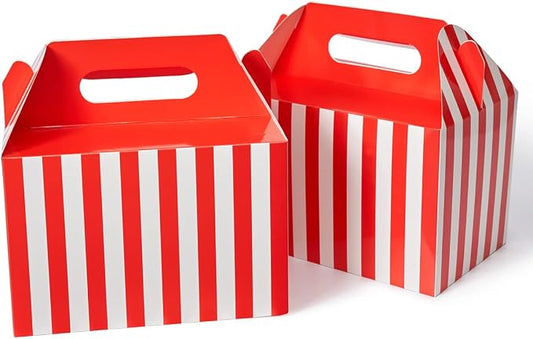 Happyhiram 50 Pcs Large Party Gift Boxes with Handles Red and White Stripes, 9x6x6 Gable Lunch Boxes Party Favor Boxes Barn Style Carry Out Box Recyclable Lunch Boxes Paper