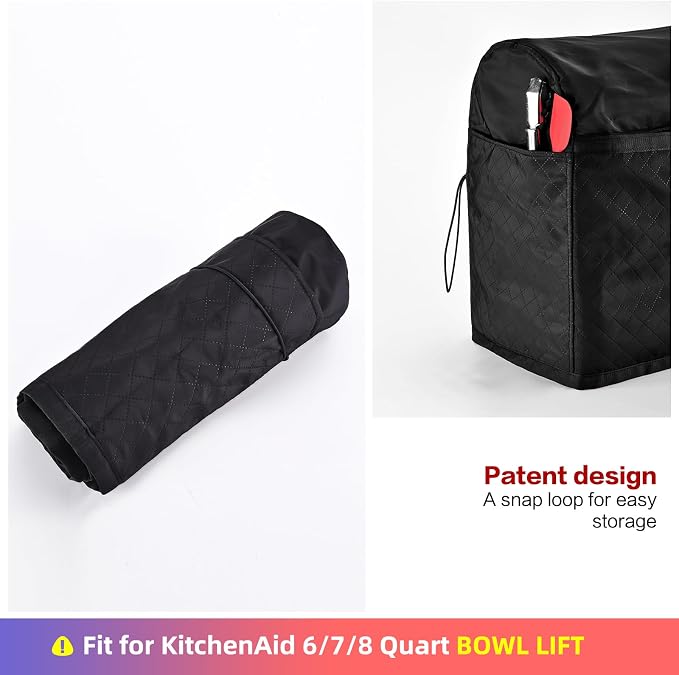 HOMEST Stand Quilted Mixer Cover with Zip Pocket for Kitchen Accessories | Fits KitchenAid 6/7/8 quart mixers, zipper pocket stores attachments and kitchen accessories, Black