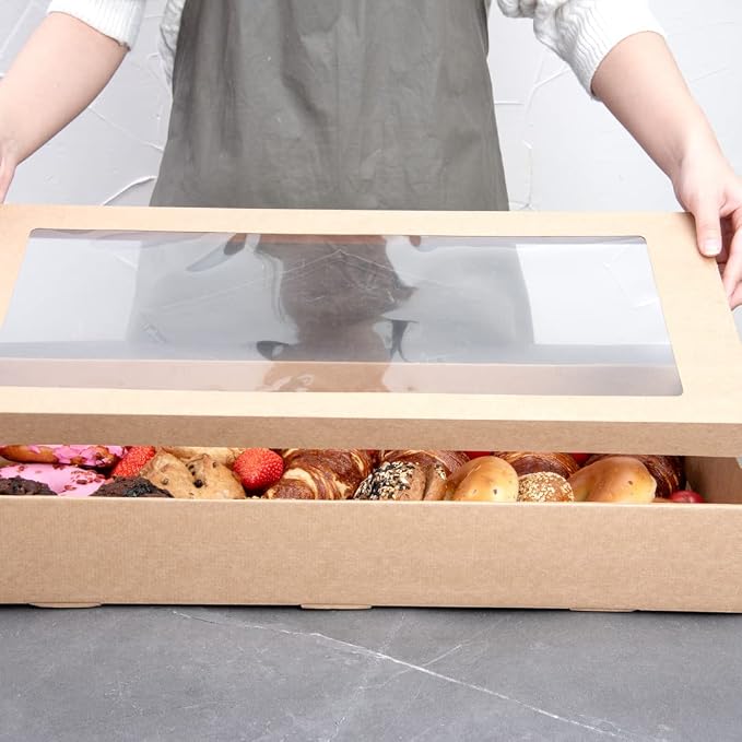 Restaurantware Cater Tek 22.2 x 10 x 3.2 Inch Catering Boxes 100 Insert Tab Lock Baked Goods Boxes - Window Lids Easy Assembly Kraft Paper Window Pastry Boxes For Charcuterie Or Cupcakes