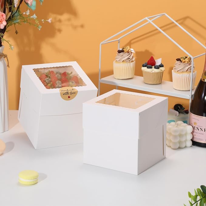 COTOPHER 5Pcs 6x6x6 Inches Mini Cake Boxes, Square Bakery Boxes with Window, Cake Containers for Pastries, Cookies, Chocolates, Cupcakes, Birthday Party Cake Decorating Supplies for Gift Giving