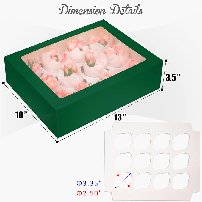 Bakepacker 12 Cupcake Containers 10-Packs Forest Green Cupcake Box Cupcakes Carrier, 12 Cupcake Boxes with Window 13"x10"x3.5"（Auto-pop up）