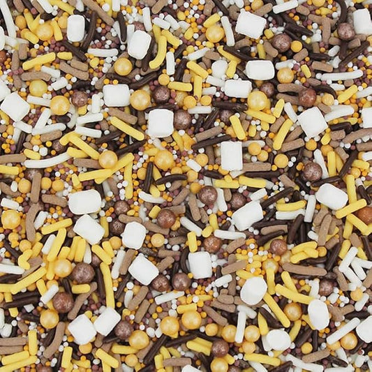 Smore's Anyone? Sprinkles Mix, Chocolate, White and Gold Jimmies, Mini Pearls and Confetti, Marshmallows, for Baking, Dessert Toppings, 9.5 ounce