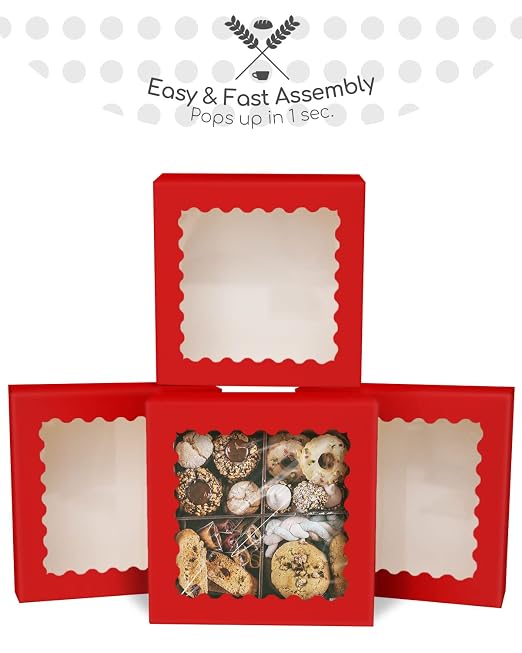 qiqee Red Pastry Box With Window 8x8x2.5 inch Donut Pie Boxes 30pcs Bakery Box Auto-pop up