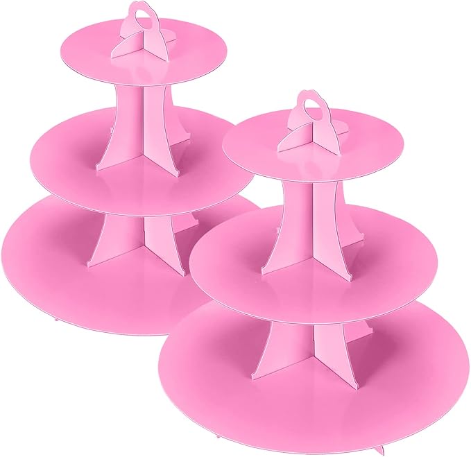 YLDW Cupcake Stand 2Pcs, 3-Tier Cupcake Stand Display, Cardboard Cup Cake Tower Stand, Disposable Dessert Stand for Birthday Tea Party Baby Shower Treat Decorations, Pink