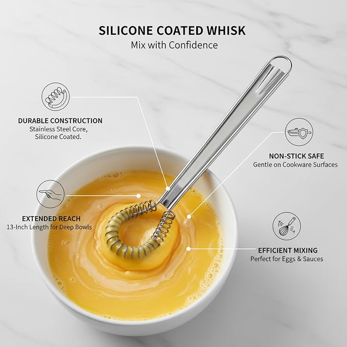 Silicone Coated Whisk, 13 Inch Stainless Steel Mixing Tool for Non-Stick Cookware, Eggs and Sauces (1 PC)