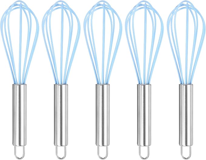 HARFINGTON 5Pcs Silicone Whisk 8" Kitchen Whisk Wire Whisks Beater with Stainless Steel Handle for Egg Milk Whisking Blending Beating & Stirring, Blue