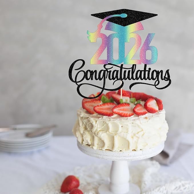 Glitter 2026 Congratulations Graduation Cake Topper,Congrats Grad Cake Decor - 2026 High School/College/Senior Graduation Party Decorations Supplies（Black and color）