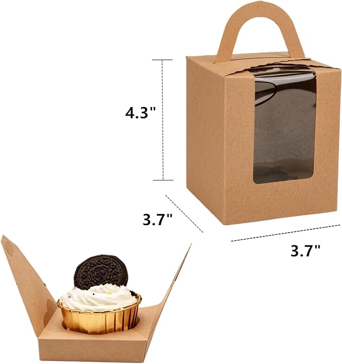 120 Pack Single Cupcake Box, Kraft Paper Individual Cupcake Container with Window Inserts, Brown Cupcake Packaging Box with Handles for Muffin, Cocoa Bomb, Party Favor Pastry Treat Boxes
