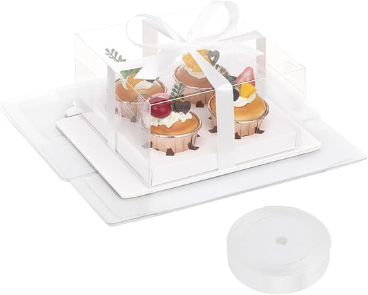 EUSOAR Cupcake Boxes 4 Count, 6 Pack White Bakery Cupcakes Containers Clear with Gift Ribbon, Rectangle Treat Dessert Muffins Holders Disposable Cake Carrier for Wedding Tea Party Favor Decor