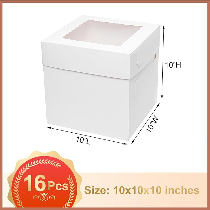 Mcfleet 16pcs Tall Cake Boxes 10x10x10 Bakery Boxes for Tier Cakes with Window 10 Inch White Large Cardboard Bakery Take Out Carrier Containers with Lids for Wedding, Birthday, Party