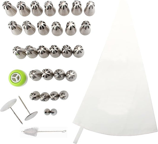 27 Pcs Extra Large Stainless Steel Seamless Russian Flower Ball Piping Tips Set with 1 Cleaning Brush,1 Reusable Pastry Bag,2 Flower Nails,2 Small Leaf Tips,1 Plastic Coupler for Cake Decorations