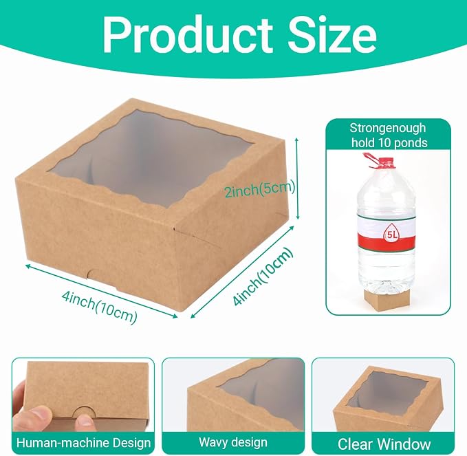 100-Pack 4x4x2 Inches Brown Bakery Boxes - Treat/Cookie/Truffle Boxes for Mini Cakes, Pies & Cinnamon Rolls - Wedding Party Favor Packaging