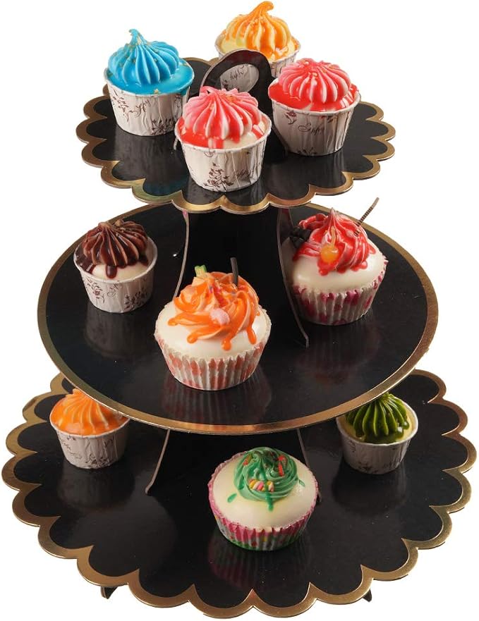 YLDW Cupcake Stand with Lace Trim, 3-Tier Cupcake Stand Display, Cardboard Cup Cake Tower Stand, Disposable Dessert Stand for Birthday Tea Party Baby Shower Treat Decorations, Black