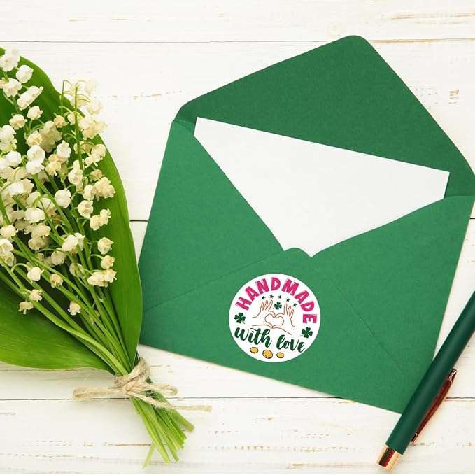 240 PCS Handmade with Love Stickers,Shamrock Small Business Packaging Sticker for Envelopes Shipping Boxes Gift Packaging