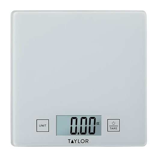 Taylor Compact Glass Kitchen Food Scale, 11 lb Capacity Digital Scale for Baking, Cooking, Meal Prep, Portion Control, Thin Lightweight Design, Easy-to-Read Display, White