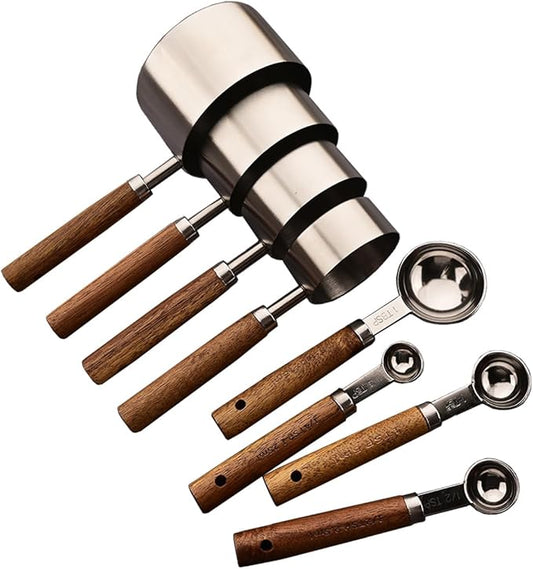 8 pieces Silvery Measuring Cups Set and Measuring Spoons Set with Scale, BRIIEC Wooden Handle Stainless Steel Dry & Liquid Measuring Cup for Cooking Baking