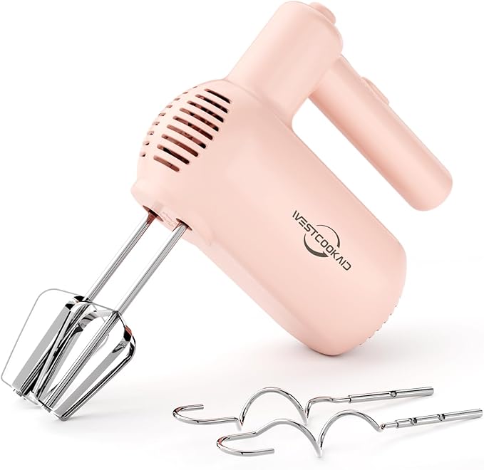 Hand Mixer Electric Handheld, Lightweight Hand Mixer Upgraded Motor, 5-Speed Electric Mixer With Stainless Steel Beaters, Dough Hooks, Westcookaid Turbo Ultra Power+ Eject For Cakes Eggs, Pink