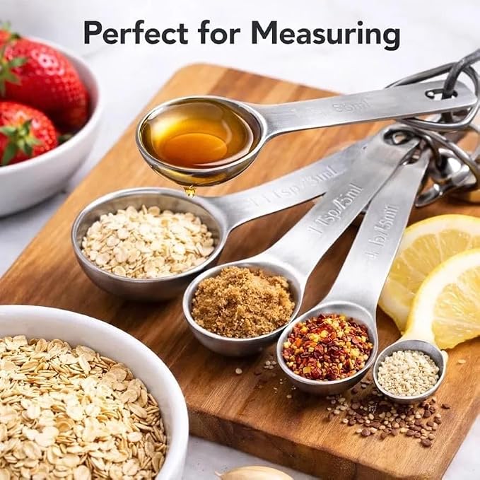 Stainless Steel Measuring Spoons Set of 6, Metal Measuring Spoons with Engraved US & Metric Measurements, Stackable with Ring Connector, Dishwasher Safe for Baking & Cooking