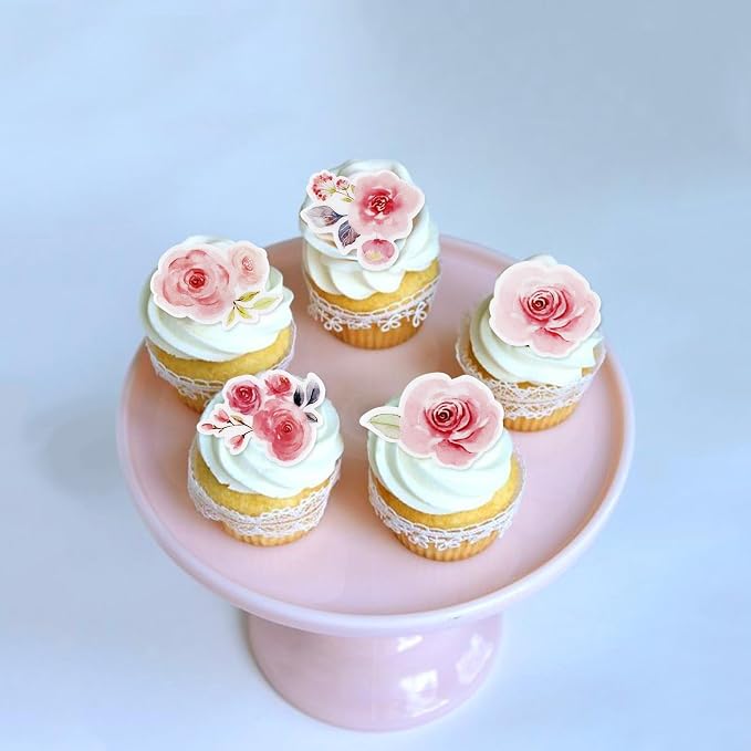 40Pcs Edible Pink Flowers Blossom Cupcake Toppers Spring Flower Edible Cupcake Toppers Floral Drink Topper for Spring Baby Shower Floral Wedding Girls Birthday Mother's Day Cupcake Decorations