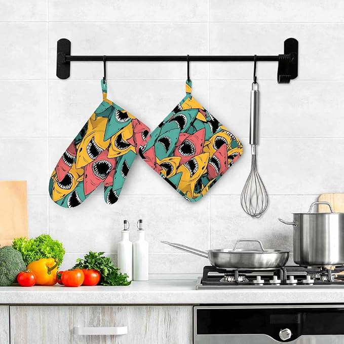 Mxocom Shark Oven Mitts and Pot Holders Sets Sea Ocean Fish Angry Sharks Wide Mouth White Teeth Aqua Silicone Heat Resistant Kitchen Oven Gloves Pot Holder for Cooking