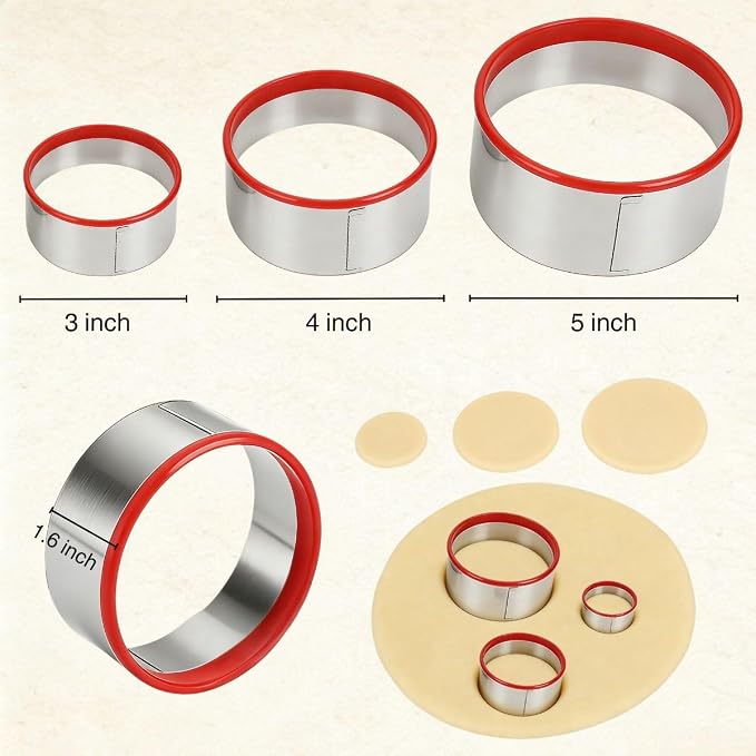 3-Piece Round Cookie Cutter Set – 3″, 4″, 5″ Stainless Steel Circle Biscuit Cutters with Red PVC Soft Edges – Durable Multi-Purpose Baking Tool