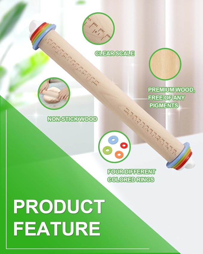 16.7" Wood Rolling Pin with Thickness Rings, Adjustable Wooden Rolling Pins for Cookie Pastry Tools, Dough Roller Pins with 1PCS Silicone Pastry Mat & 11PCS Stainless Steel Cookie Cutters
