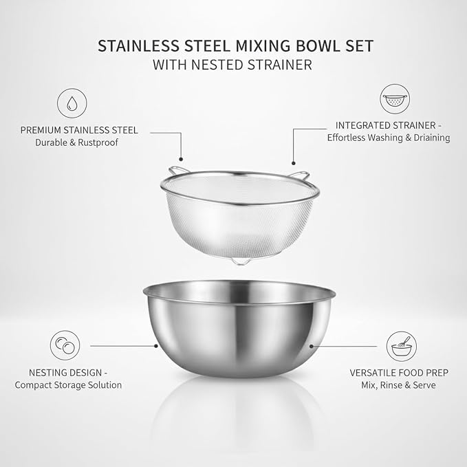 Home Cooks Stainless Steel Mixing Bowl Set with Nested Strainer for Efficient Washing and Food Prep
