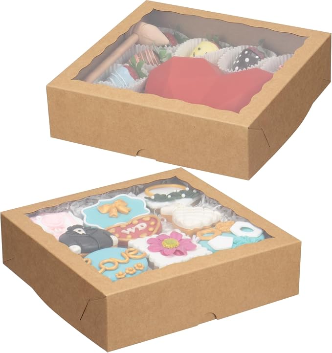 TEMLQPACK 50pcs 9x9x2.5 Inch Brown Bakery Boxes with Window, Pie, Cookies, Chocolate Covered Strawberries, Breakable Heart, Charcuterie Boxes for Christmas