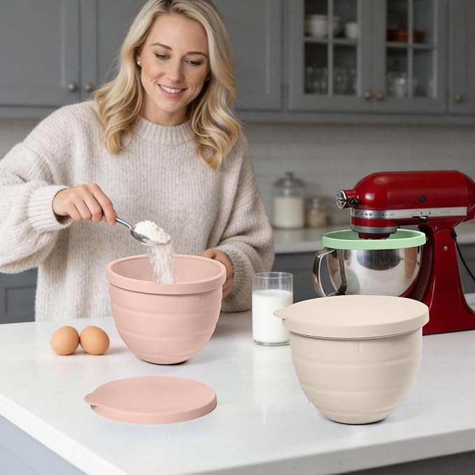 Forenee 5Qt Silicone Bowl Liners for KitchenAid Tilt-Head Stand Mixer | 3-Pack Collapsible kitchen aide bowl liners with Lids, Non-Stick, Space-Saving Baking Prep Inserts