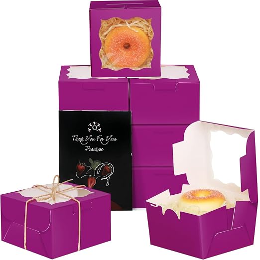 qiqee 4*4*2.5inch/55Packs Bakery Box with Window Deep Purple Macaron Boxes Small Donut Pastry Boxes for Party Mini Cookie Boxes(5 Diferent Gift Include)