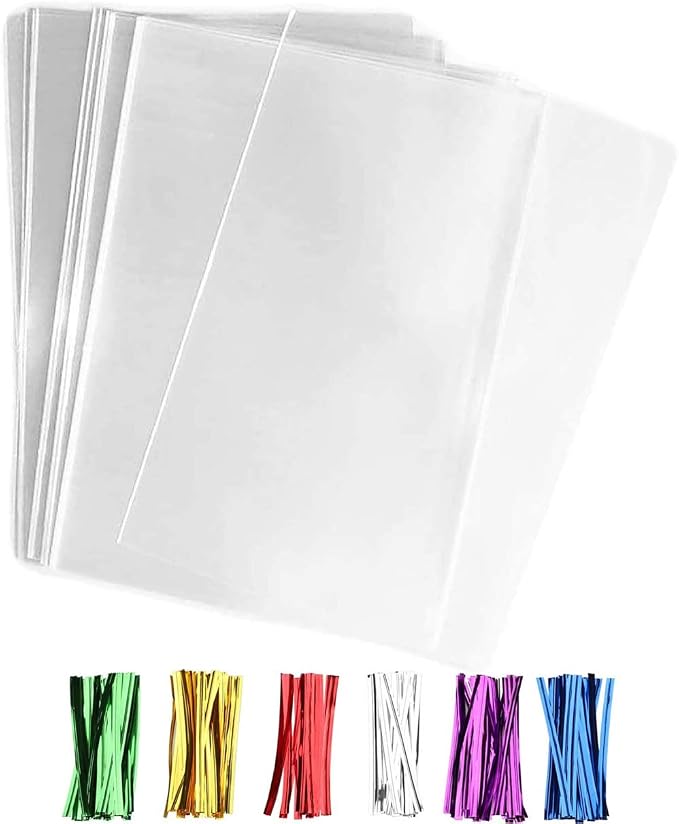 Nobranded 300 pcs Clear 4" x 6" Flat Cello Cellophane Bags Poly Treat Bags 2.8 mils for Gift Wrapping, Bakery, Cookie, Candies, Toast, Dessert, Party Favors Packaging with Color Twist Ties