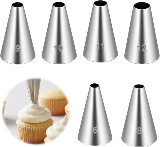 cobee 6 Pcs Round Hole Piping Tips Set, Cake Decorating Tips Boquillas Para Reposteria, Stainless Steel Icing Tip Frosting Tip For Baking Cream Bag Cookies Puff Doughnut Filler(6-8-9-10-11-12)