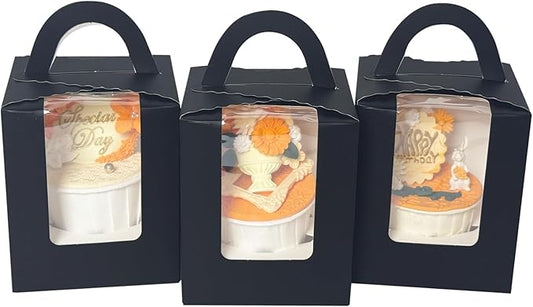 Bakepacker Auto-pop up Individual Cupcake Boxes with Window 25 Count Black Single Cupcakes Box 3.7 x 3.7 x 4.3inch Cupcake Carrier