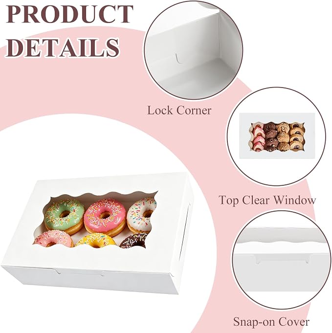 60 Pack White Cookie Boxes with Clear Window, 7" x 4 3/8" x 1 1/2" Bakery Treat Boxes for Dessert, Donuts, Pie, Candy, Macaroon