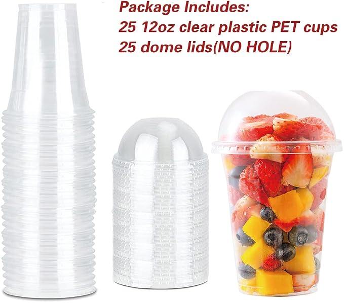 12 oz Clear Plastic Cups with Dome Lids - Dessert Cups with Lids(25 Sets), PET Disposable Party Cups (NO HOLE), Parfait Crystal for Pudding/Ice Cream/Cupcake