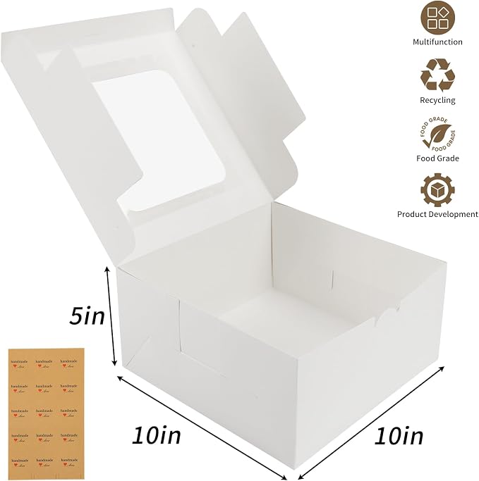 Moretoes 24pcs Cake Boxes, 10x10x5 Inches White Square Bakery Boxes with Window Cajas Pasteles for Cake, Mother's Day, Pastries, Chocolates, Cookies, Pie, Birthday Party, Wedding, Graduation