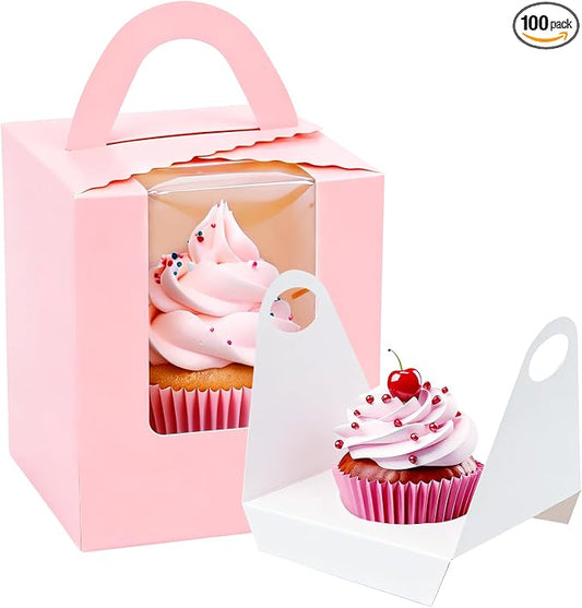 100 Pack Pink Cupcake Boxes Individual with Window, Inserts and Handle, Single Cupcake Containers for Cupcakes, Muffins, Donuts, Cookies, 3.6 x 3.6 x 4.3 Inch