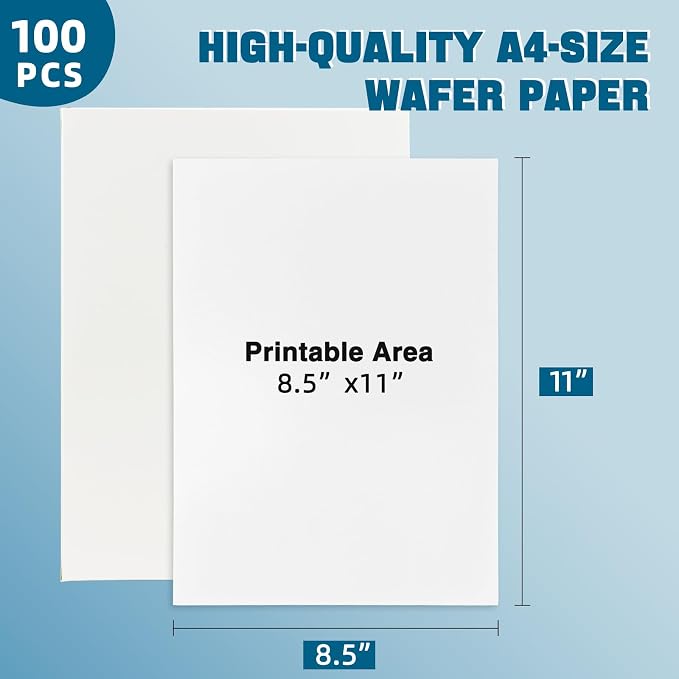 100pcs Edible Wafer Paper A4 Size, 8.5" x 11" Food Grade Wafer Sheets, Edible Paper for Cakes Printable, Rice Starch Sheets for Candy & Decoration (0.3mm)